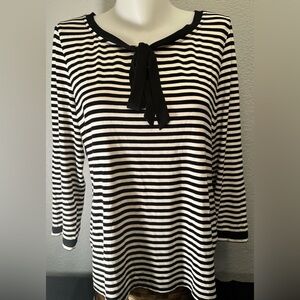 Talbots Womens Large Shirt Top Black White Stripe Knit 3/4 Sleeve